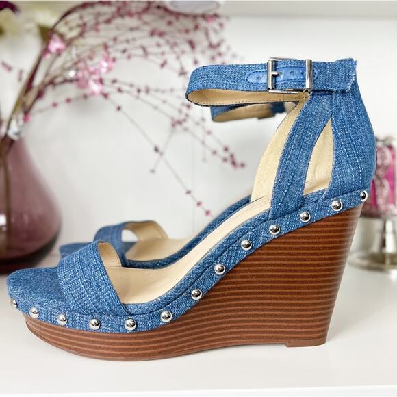 Jessica Simpson Shoes - Jessica Simpson NWB Jaylow Blue Denim Studded Ankle Strap Wedge Sandals Size 11